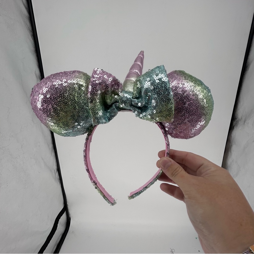 Disney Park Unicorn Minnie Mickey Ears Headband Pastel Iridescent Sequin Bow